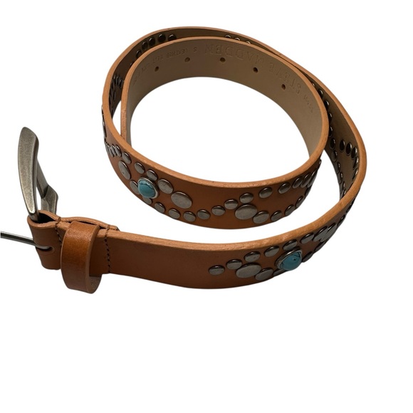 Steve Madden Studded Tan Leather Western Belt Faux Turquoise Boho Cowgirl Small - Picture 14 of 14